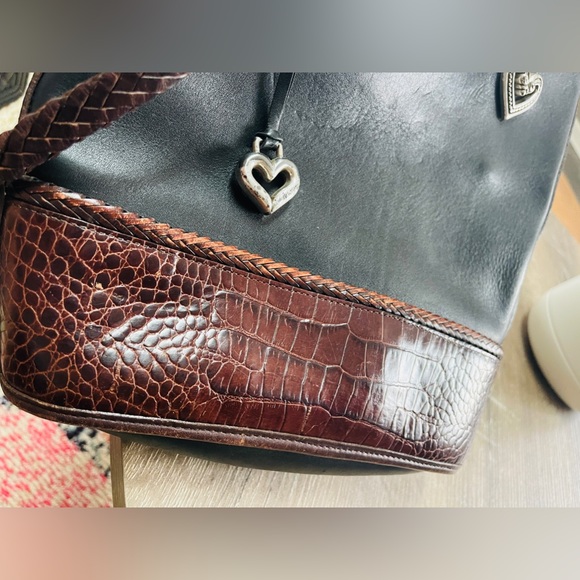 BRIGHTON Black and Brown Croc Pattern Leather Tote Bucket Shoulder Bag - Picture 5 of 5